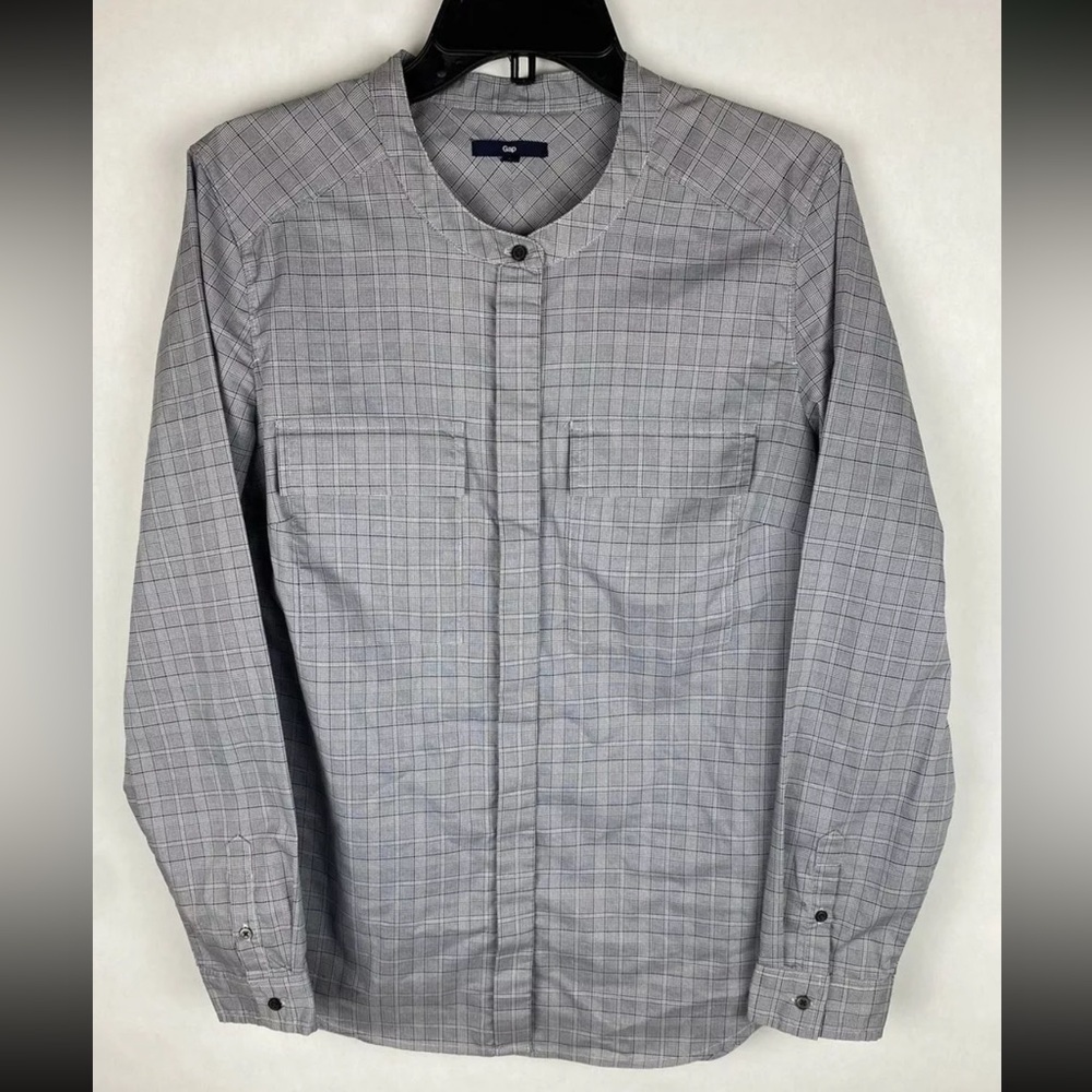 Gap Medium Gray Plaid Shirt Womens Button Up Long Sleeve Cotton Utility Pockets
